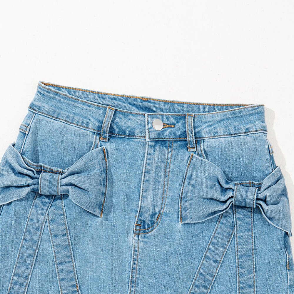 B277 Dusk Blue Acid Washed Bowknot Details High Waist Denim Skirt - Picture 11 of 12